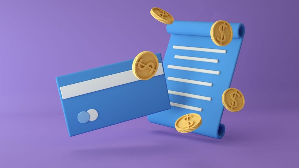 Banco Central anuncia novas regras contra abusos em ofertas de crédito e superendividamento Ilustração 3D de um cartão de crédito, moedas e um contrato sobre fundo roxo, representando ofertas de crédito.