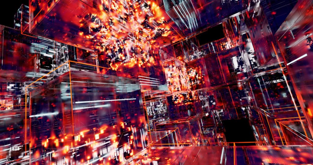 Ilustração digital abstrata com cubos tridimensionais iluminados por luzes neon e padrões tecnológicos.
